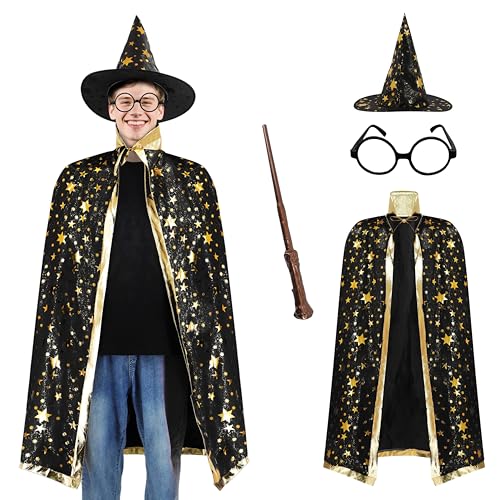 EDAUWAE Zauberer-Umhang für Erwachsene, Kostüm mit Zaubererhut, Zauberstab und Brille für Halloween, Cosplay, Schwarz, Einheitsgr��e von EDAUWAE