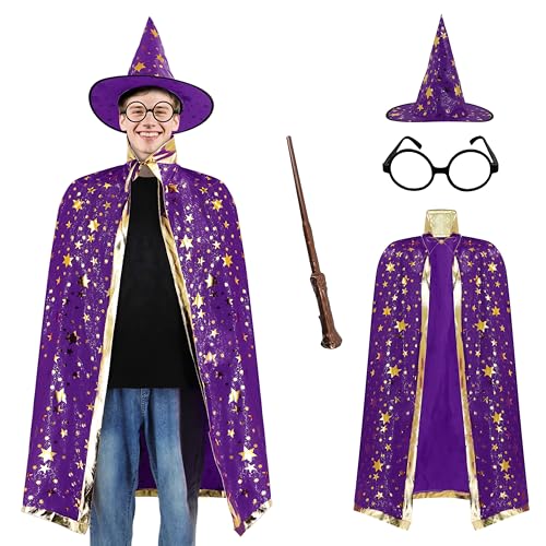 EDAUWAE Zauberer-Umhang für Erwachsene, Kostüm mit Zaubererhut, Zauberstab und Brille für Halloween, Cosplay, Violett, Einheitsgr��e von EDAUWAE