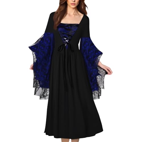 EDQPLL Hexenkleid for Damen, Halloweenkostüme for Damen, Hexenkostüm, Halloween, Mittelalter, Vampir(Black+Blue.,XXL) von EDQPLL