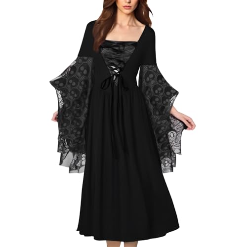 EDQPLL Hexenkleid for Damen, Halloweenkostüme for Damen, Hexenkostüm, Halloween, Mittelalter, Vampir(Black+Gray,S) von EDQPLL