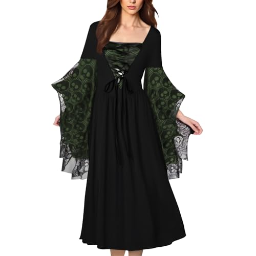 EDQPLL Hexenkleid for Damen, Halloweenkostüme for Damen, Hexenkostüm, Halloween, Mittelalter, Vampir(Black+Green,L) von EDQPLL