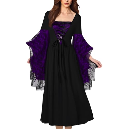 EDQPLL Hexenkleid for Damen, Halloweenkostüme for Damen, Hexenkostüm, Halloween, Mittelalter, Vampir(Black+Purple,XXL) von EDQPLL