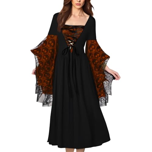 EDQPLL Hexenkleid for Damen, Halloweenkostüme for Damen, Hexenkostüm, Halloween, Mittelalter, Vampir(Black+orange,5XL) von EDQPLL