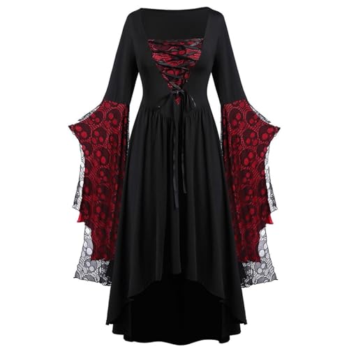 EDQPLL Hexenkleid for Damen, Halloweenkostüme for Damen, Hexenkostüm, Halloween, Mittelalter, Vampir(Black+red,XXL) von EDQPLL