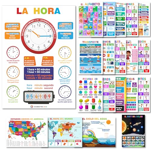 20 zweisprachige Lernposter, Spanisch, Englisch, wasserfest, Lerntabelle für Vorschule, Kindergarten, Klassenzimmer, Dekoration, Alpabet, Alfabeto, Zahlen usw. (flache Verpackung, 27,9 x 40,6 cm) von EDUMAETRIX