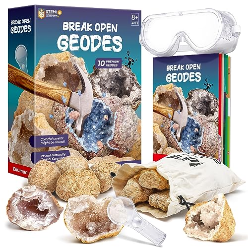 EDUMAN Geoden Zum Aufbrechen Set,Geode Experimente für Kinder ab 8 Inklusive Schutzbrille,Lupe, Aufbewahrungstasche,Display-Ständer und ausführlichem Studienführer,Geschenke für Jungen und Mädchen von EDUMAN