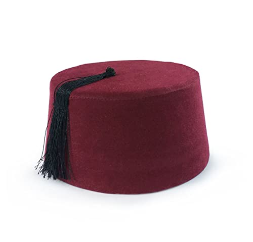 EDUS Dr. Who türkischer Shriner Fez Hut Filz, arabische marokkanische Aladdin Abu Kostüm Quaste, marokkanisches Kostüm Zubehör Fez Hüte mit schwarzer Quaste (rot) von EDUS