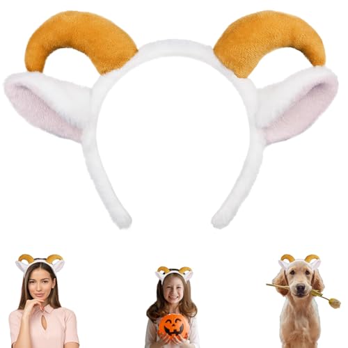 EFNHJF5 Ziegenohren Kopfschmuck mit Widderhörnern für Kinder Erwachsene Tierkostüm Accessoire für Halloween, Karneval Karneval Kostüm,Weihnachten & Cosplay (Waschbar) (Weiß) von EFNHJF5