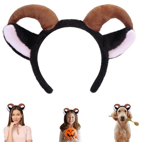 EFNHJF5 Ziegenohren Kopfschmuck mit Widderhörnern für Kinder Erwachsene Tierkostüm Accessoire für Halloween, Karneval Karneval Kostüm,Weihnachten & Cosplay (Waschbar) (Schwarz) von EFNHJF5