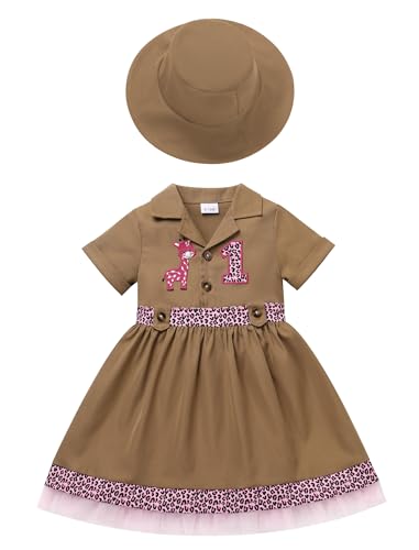 EFOGEP Baby Mädchen Dschungel Safari Kostüm Wild ein Geburtstag Party Outfit Kurzarm Rüschen Tüll Kleid + Hut 2PCS Explorer Kleidung Froest Abenteuer Zoo Keeper Kleider Braun 9-12 Monate von EFOGEP