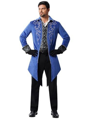 EFOGEP Herren Steampunk Vintage Frack Prinz Langarm Button Down Jacke Gothic Viktorianisch Gehrenkleid Uniform Mittelalterlich Gothic Smoking Renaissance Pirat Halloween Kost�m Stickerei & Blau XL von EFOGEP