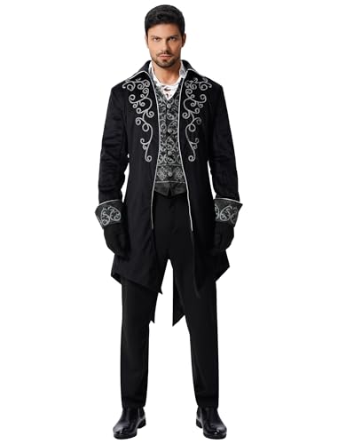 EFOGEP Herren Steampunk Vintage Frack Prinz Langarm Button Down Jacke Gothic Viktorianisch Gehrenkleid Uniform Mittelalterlich Gothic Smoking Renaissance Pirat Halloween Kost�m Stickerei & Schwarz M von EFOGEP