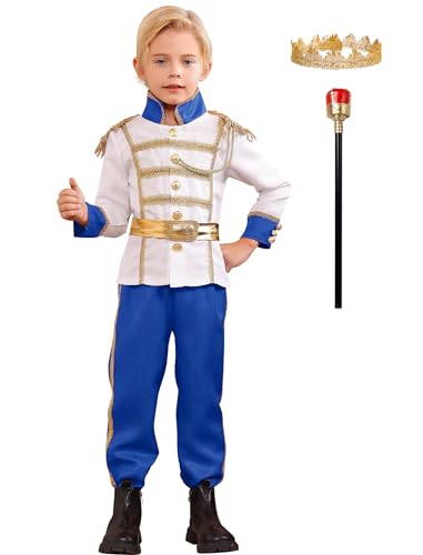EFOGEP Jungen Prinz Charming Kost�m: Kind mittelalterlichen k�niglichen Prinz Cosplay Halloween Karneval lange �rmel Jacke Hose Krone G�rtel Fancy Dress Up Party Kleidung K�nigs Blau 5PCS 5-7 Jahre von EFOGEP