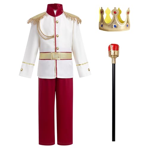 EFOGEP Jungen Prinz Charming Kost�m: Kind mittelalterlichen k�niglichen Prinz Cosplay Halloween Karneval lange �rmel Jacke Hose Krone G�rtel Fancy Dress Up Party Kleidung Wei�+Rot 5PCS 3-4 Jahre von EFOGEP