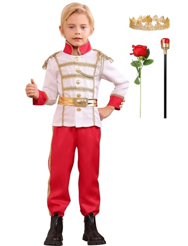 EFOGEP Jungen Prinz Charming Kost�m: Kind mittelalterlichen k�niglichen Prinz Cosplay Halloween lange �rmel Jacke Hose Krone G�rtel Fancy Dress Up Party Rollenspiel Kleidung Rot 6PCS 8-10 Jahre von EFOGEP