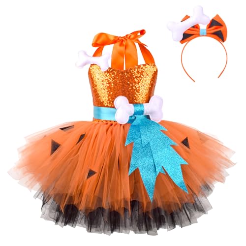 EFOGEP Kinder Mädchen Halloween Knochen Kostüme Glitzernde Pailletten Tüllkleider mit Stirnband 2 PCS Sets Historische Höhlenfrau Cosplay Performance Outfit Orange 12 Monate von EFOGEP
