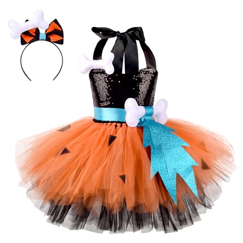 EFOGEP Kinder Mädchen Halloween Knochen Kostüme Glitzernde Pailletten Tüllkleider mit Stirnband 2 PCS Sets Historische Höhlenfrau Cosplay Performance Outfit Schwarz 7-8 Jahre von EFOGEP