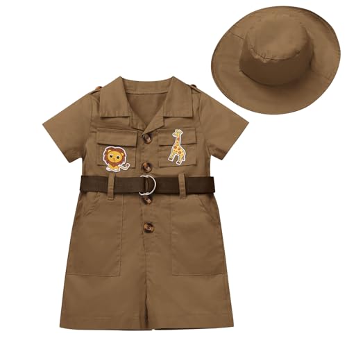 EFOGEP Wilde ein Geburtstag Dekorationen: Baby jungen M�dchen Safari Explorer Kost�m kurze �rmel Strampler Overall mit G�rtel und Hut 2PCS Froest Abenteuer Zoo Keeper Outfit Braun 12-18 Monate von EFOGEP