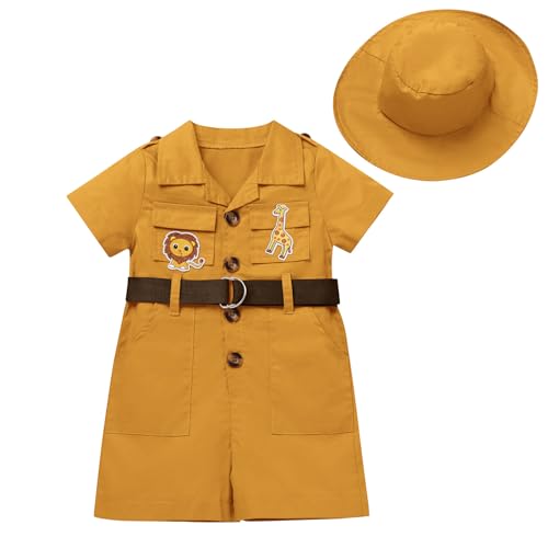 EFOGEP Wilde ein Geburtstag Dekorationen: Baby jungen M�dchen Safari Explorer Kost�m kurze �rmel Strampler Overall mit G�rtel und Hut 2PCS Froest Abenteuer Zoo Keeper Outfit Gelb 18-24 Monate von EFOGEP