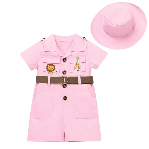 EFOGEP Wilde ein Geburtstag Dekorationen: Baby jungen M�dchen Safari Explorer Kost�m kurze �rmel Strampler Overall mit G�rtel und Hut 2PCS Kleidung Froest Abenteuer Zoo Keeper Outfit Rosa 12-18 Monate von EFOGEP