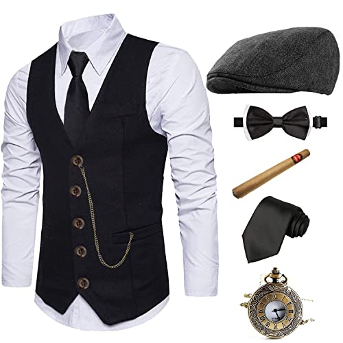 1920er Herren Kostüm Fedora Hut, Gatsby Gangster Weste, Vintage Taschenuhr, vorgebundene Fliege, Krawatte, cbkvest-xwdghat, Small von EFORLED