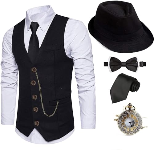 EFORLED 1920er-Jahre-Kostüm, Fedora-Hut, Gatsby-Gangster-Weste, Vintage-Taschenuhr, vorgebundene Fliege, Krawatte, Twvest-cswhhat, L EFORLED 1920er-Jahre-Kostüm, Fedora-Hut, Gatsby-Gangster-Weste, Vintage-Taschenuhr, vorgebundene Fliege, Krawatte, Twvest-cswhhat, L von EFORLED