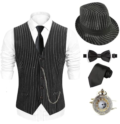EFORLED 1920er-Jahre-Kostüm, Fedora-Hut, Gatsby-Gangster-Weste, Vintage-Taschenuhr, vorgebundene Fliege, Krawatte, Twvest-twbkhat, Herren, Männer, Kostüm-Accessoires, Gangster-Kostüm, XXL EFORLED 1920er-Jahre-Kostüm, Fedora-Hut, Gatsby-Gangster-Weste, Vintage-Taschenuhr, vorgebundene Fliege, Krawatte, Twvest-twbkhat, Herren, Männer, Kostüm-Accessoires, Gangster-Kostüm, XXL von EFORLED