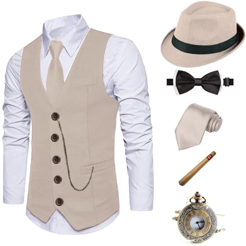 EFORLED 1920er-Jahre-Kostüm, Fedora-Hut, Gatsby-Gangster-Weste, Vintage-Taschenuhr, vorgebundene Fliege, Krawatte (CBGVest-MMBGHat, Größe XX-Large) von EFORLED