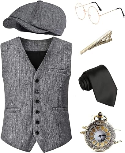 EFORLED Halloween-Kostüm-Zubehör-Set für Herren im 1920er-Jahre-Stil, tolle Gatsby-Kleidung, brüllende 20er-Jahre-Taschenuhr, Mafia-Mobster-Hut, Set 1 - Hellgrau, L EFORLED Halloween-Kostüm-Zubehör-Set für Herren im 1920er-Jahre-Stil, tolle Gatsby-Kleidung, brüllende 20er-Jahre-Taschenuhr, Mafia-Mobster-Hut, Set 1 - Hellgrau, L von EFORLED