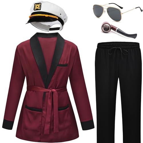 Hugh Hefner Kostüm für Herren, Playboy Red Robe Pants Set, High Hefner Captain Hut und Pfeife, Halloween-Kostüme, Zubehör, XL Hugh Hefner Kostüm für Herren, Playboy Red Robe Pants Set, High Hefner Captain Hut und Pfeife, Halloween-Kostüme, Zubehör, XL von EFORLED