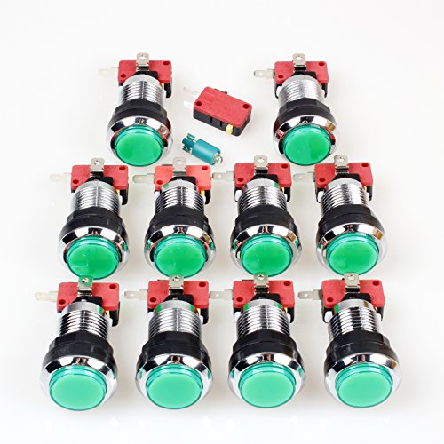 EG STARTS 10x Chrome LED beleuchtete Drucktaste mit 4.8mm Schnittstellen-Mikroschalter für Säulengang Maschinen Videospiele Mame Jamma zerteilt 12V Knöpfe (Grün) von EG STARTS