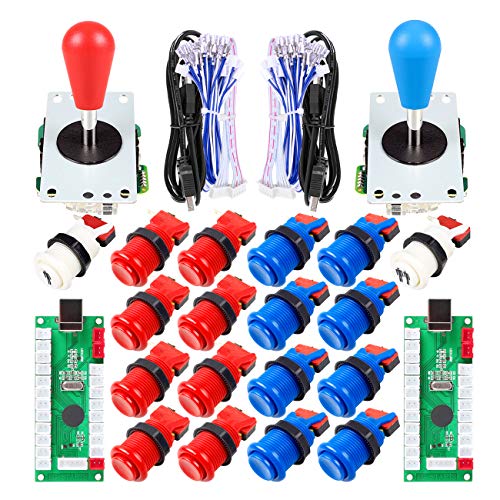 EG STARTS 2 Spieler Arcade Joystick DIY-Teile 2X USB Encoder + 2X Ellipse Oval Joystick Griff + 18x American Style Arcade Buttons für PC, MAME, Raspberry Pi, Windows-System (Rot & blau) von EG STARTS