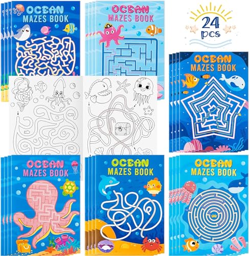 EGuangwiua 24 Stück Ozean-Thema Labyrinthbücher Kinder Cartoon-Ozean-Tiere Malvorlagen Labyrinthe Aktivitätsheft Schwierigkeitsstufen Puzzle-Spiele Problemlöse-Labyrinthbücher Anfänger Kinderspielzeug von EGuangwiua