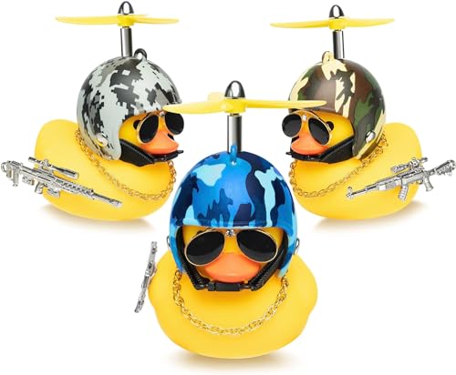 EGuangwiua 3 Stück Camouflage Gummi Ente Spielzeug Auto Ornamente Helm Gelbe Ente Auto Armaturenbrett Dekoration Set, Camouflage Serie Trim Anzug Cool Ducks Mit Propeller Brille Goldkette für Kinder von EGuangwiua