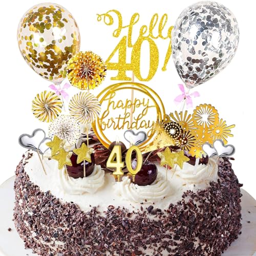 Tortendeko 40 Geburtstag Mann Frau, 21 PCS Gold Cake Topper Happy birthday tortendeko, Kommt mit Geburtstagskerzen, Luftballons, Sternen, Sonnenblumendekorationen und Feuerwerkseinsätzen von EHIOG