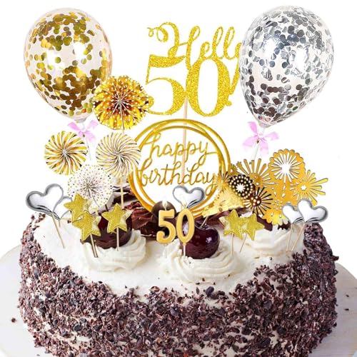 Tortendeko 50 Geburtstag Mann Frau, 21 PCS Gold Cake Topper Happy birthday tortendeko, Kommt mit Geburtstagskerzen, Luftballons, Sternen, Sonnenblumendekorationen und Feuerwerkseinsätzen von EHIOG
