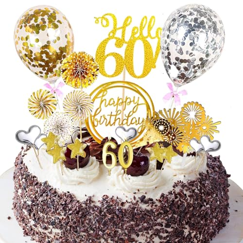 Tortendeko 60 Geburtstag Mann Frau, 21 PCS Gold Cake Topper Happy birthday tortendeko, Kommt mit Geburtstagskerzen, Luftballons, Sternen, Sonnenblumendekorationen und Feuerwerkseinsätzen von EHIOG