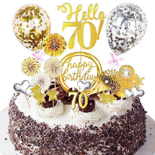 Tortendeko 70 Geburtstag Mann Frau, 21 PCS Gold Cake Topper Happy birthday tortendeko, Kommt mit Geburtstagskerzen, Luftballons, Sternen, Sonnenblumendekorationen und Feuerwerkseinsätzen von EHIOG