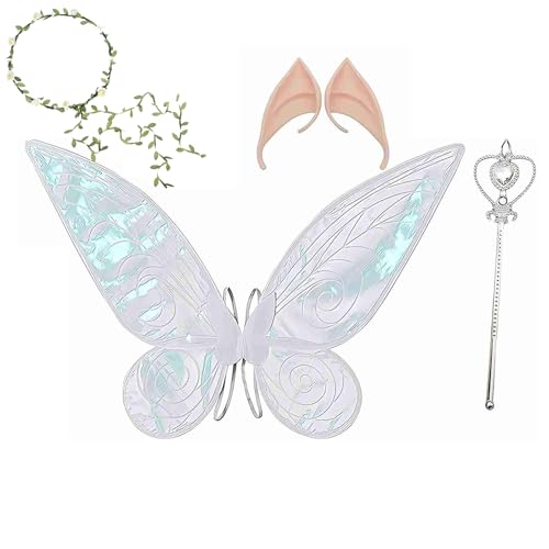 EHIOG Feenflügel Erwachsene Feenflügel Kinder, Damen Mädchen Schmetterlingsflügel Elfenflügel mit Elfenohren Blumenkranz, Fairy Wings,für Karneval,Fasching,Mottoparty,Halloween (Weiß) von EHIOG