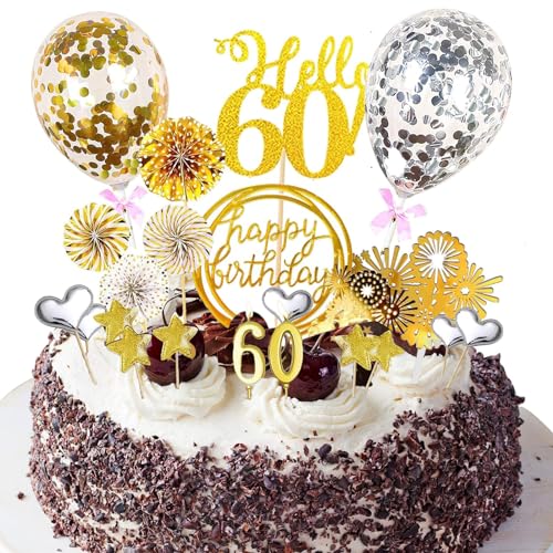 Tortendeko 60 Geburtstag Mann Frau, 21 PCS Gold Cake Topper Happy birthday tortendeko, Kommt mit Geburtstagskerzen, Luftballons, Sternen, Sonnenblumendekorationen und Feuerwerkseinsätzen Tortendeko 60 Geburtstag Mann Frau, 21 PCS Gold Cake Topper Happy birthday tortendeko, Kommt mit Geburtstagskerzen, Luftballons, Sternen, Sonnenblumendekorationen und Feuerwerkseinsätzen von EHIOG