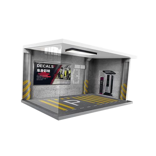 EHJRE 1/18 Garagenvitrine 40 cm X 24 cm X 20 cm mit Lichtern, Parkplatzszene, LEDs, Parkplätze für Die Sammlung von Druckgussautos, Grau von EHJRE