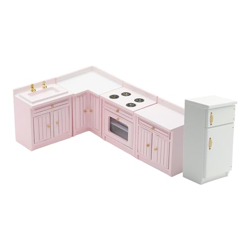EHJRE 1:12 Puppenhaus Mini Möbel Küchenset, Miniatur Puppenhaus Zubehör, Küchenschrank Set Kombiniert für Kinder Ab 3 Jahren, Rosa von EHJRE