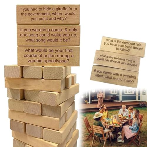 EHOTER Ice Breaker Questions Tumbling Tower Game, 54pcs Wooden Stacking Tower Games, Stacking Wooden Block for Adult Group Fun, Family Party Game for Kids Adults Family von EHOTER