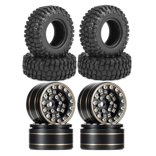 EHxCUF 4 Stück 50 x 20 mm Gummi-Offroad-Reifen mit 1 Zoll Beadlock-Rädern und 7 mm Sechskant, kompatibel mit RC-Raupenfahrzeugen im Maßstab 1/24 und 1/18(Tires and Wheels) von EHxCUF