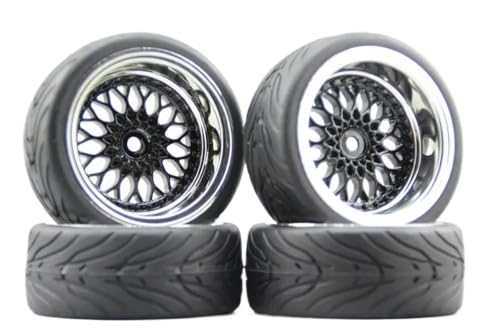 EHxCUF 4 Stück Touring-Reifen aus weichem Gummi mit verchromter und schwarzer Felge, kompatibel mit 1:10 RC-Autos, 3 mm, 6 mm, 9 mm Versatz(9MM Offset) von EHxCUF