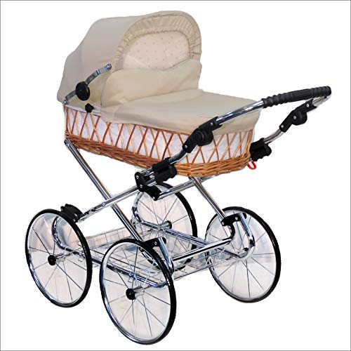 EICHHORN Kinderwagen Weidenkorb Puppenwagen Retro-Spielzeugklassiker (Korb Natur, Stoff Beige) von EICHHORN Kinderwagen