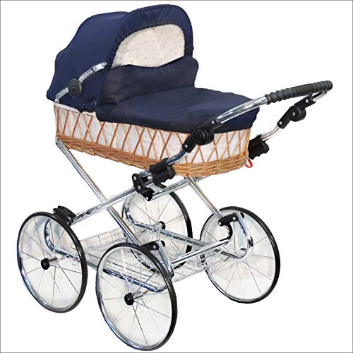 EICHHORN Kinderwagen Weidenkorb Puppenwagen Retro-Spielzeugklassiker (Korb Natur, Stoff Marineblau) von EICHHORN Kinderwagen