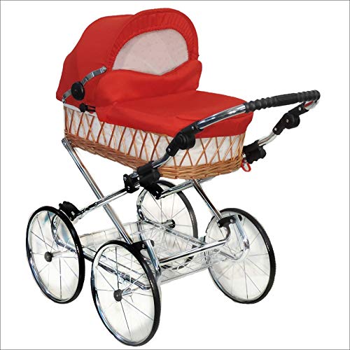 EICHHORN Kinderwagen Weidenkorb Puppenwagen Retro-Spielzeugklassiker (Korb Natur, Stoff Rot) von EICHHORN Kinderwagen