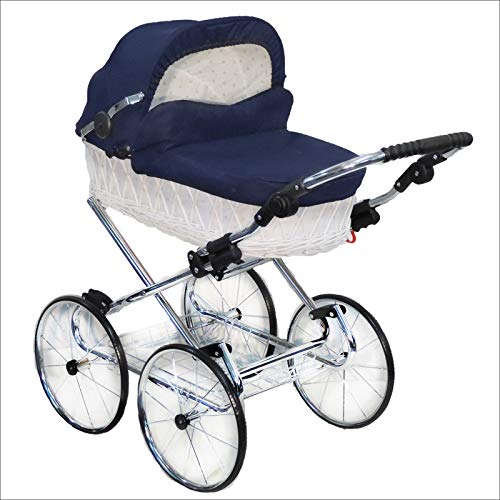 EICHHORN Kinderwagen Weidenkorb Puppenwagen Retro-Spielzeugklassiker (Korb Weiß, Stoff Marineblau) von EICHHORN Kinderwagen