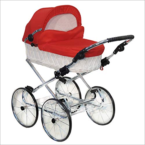 EICHHORN Kinderwagen Weidenkorb Puppenwagen Retro-Spielzeugklassiker (Korb Weiß, Stoff Rot) von EICHHORN Kinderwagen